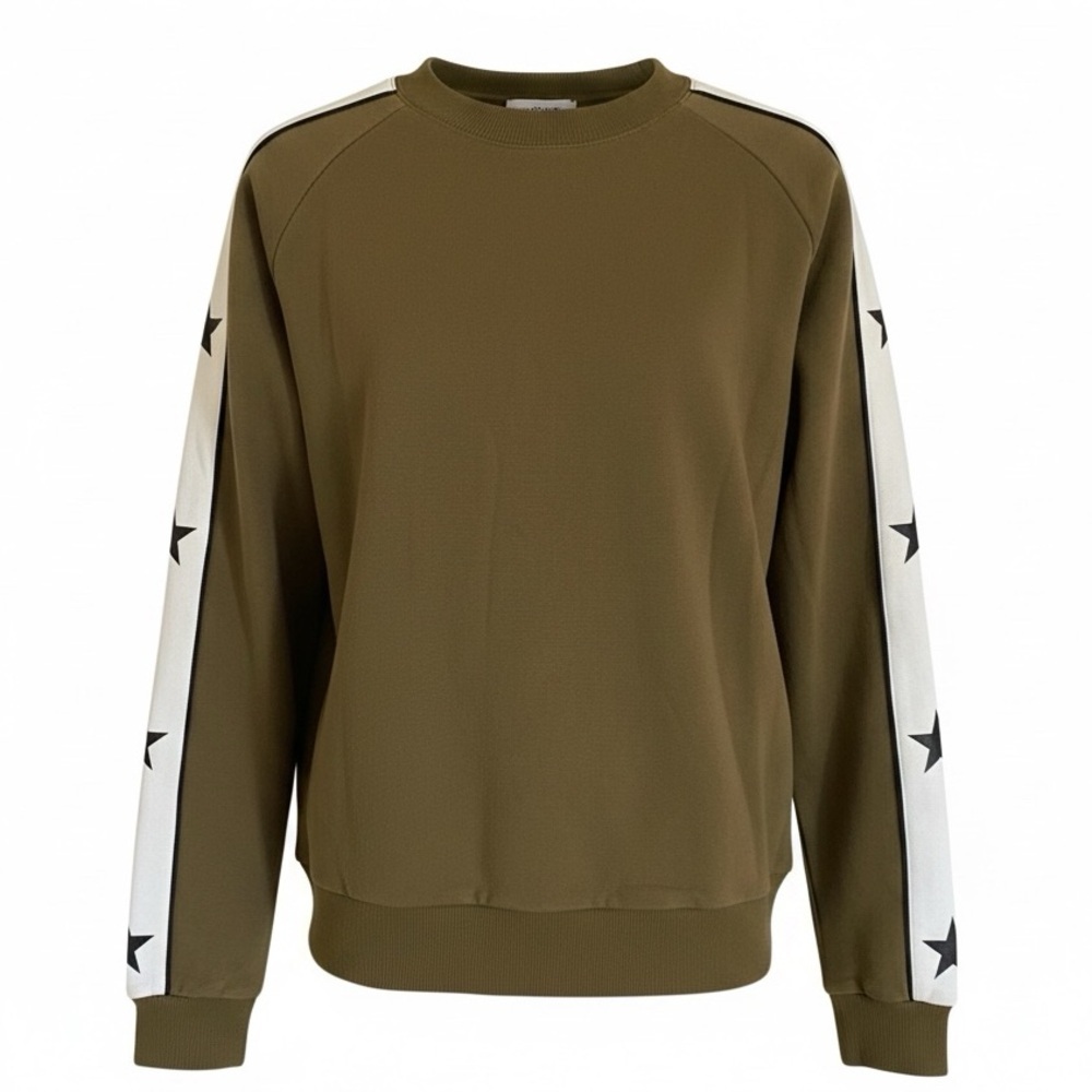 ELLANDEMM Crewneck Sweatshirt White Stripes Black Star Sleeve Detail Olive Green